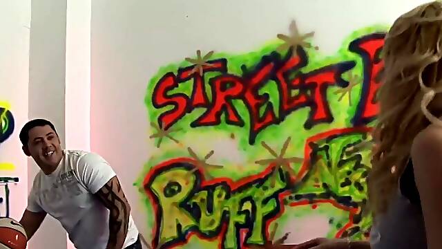 Graffiti Wall Titfuck - Breasty Blond in Ebony Nylons Rides and Gets Her Melons Screwed