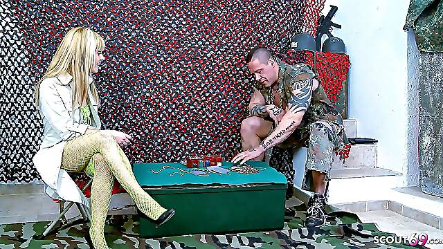Blonde skinny teen Jakeline fucked by a soldier with a big cock