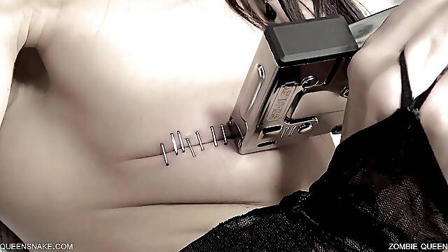 Temporary tits and pussy modification with staples